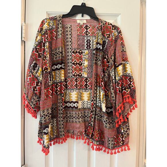 Umgee Kimono Patchwork Aztec Western Boho Cardigan Mixed Pattern Hippie Country - Picture 1 of 7